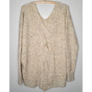 Women XL Oversized Twist Back V-Neck‎ Knit Sweater Oatmeal Slouchy NEW Academia